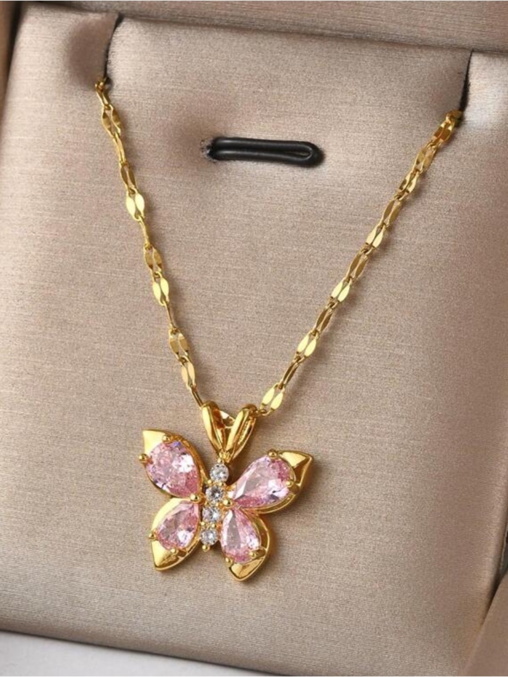 Yellow Gold Butterfly Pendant Necklace with Pink Stones